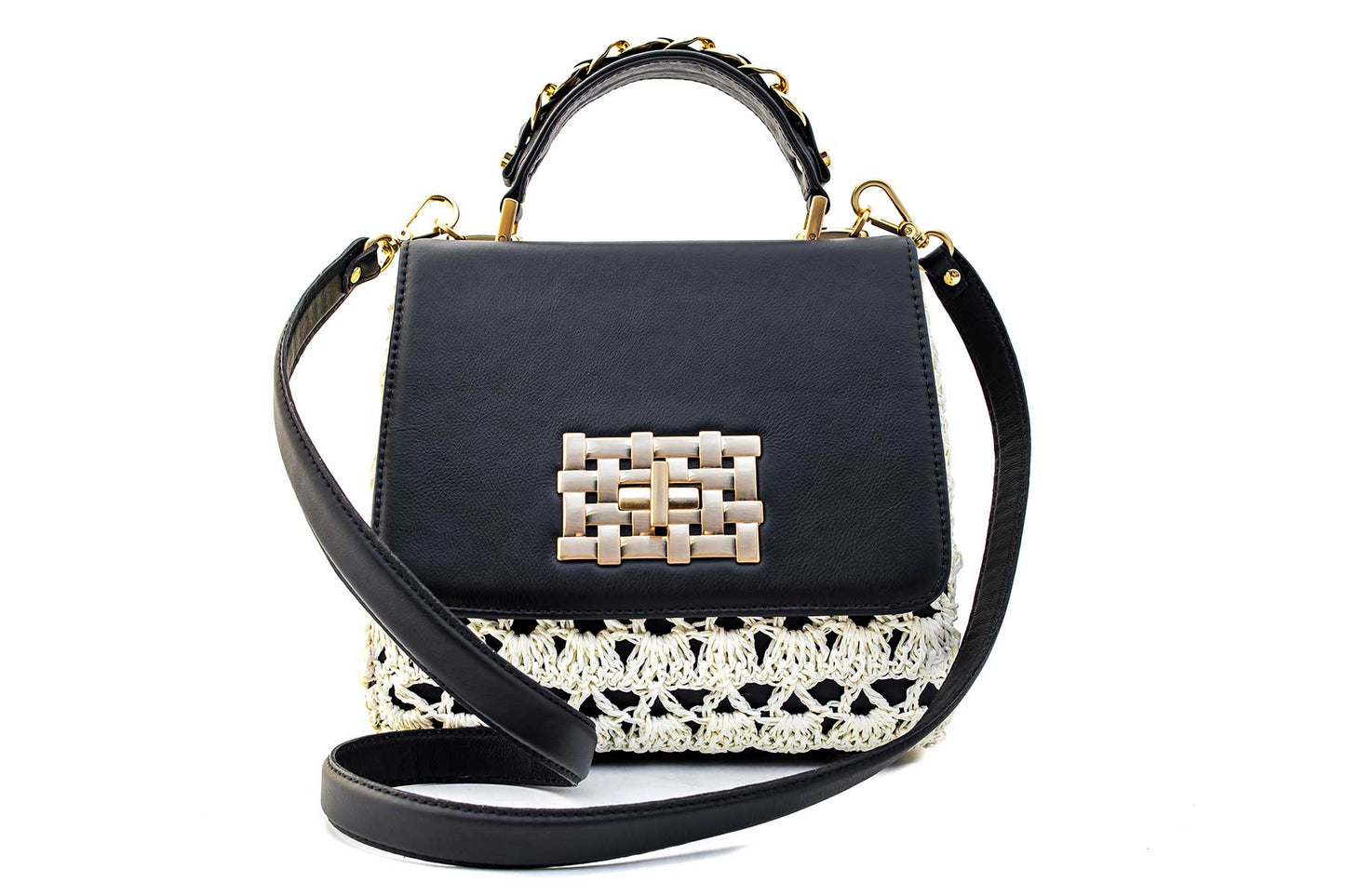Bolsa Fabiana Crochê Preta c/ Creme