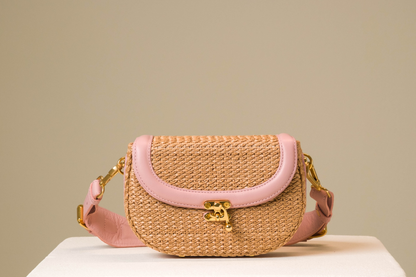 Bolsa Silvia Pochete Ráfia Natural c/ Rosa Bebê