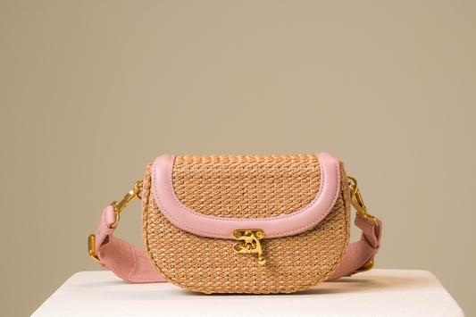 Bolsa Silvia Pochete Ráfia Natural c/ Rosa Bebê