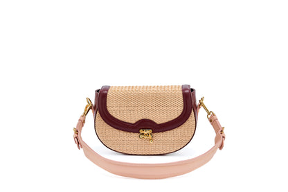Bolsa Silvia Ráfia Natural Salmão c/ Bordô