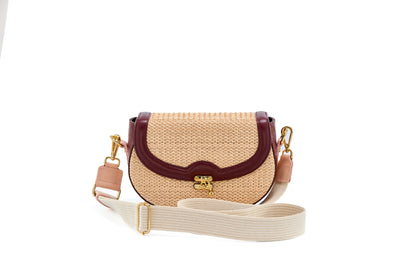 Bolsa Silvia Ráfia Natural Salmão c/ Bordô