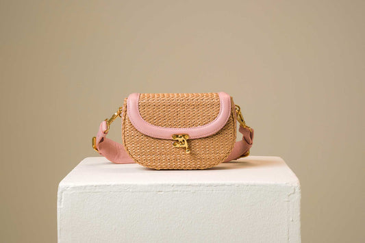 Bolsa Silvia Pochete Ráfia Natural c/ Rosa Bebê