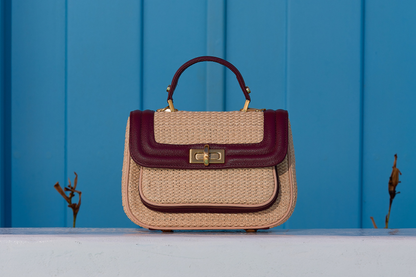 Bolsa Helena Mini Ráfia Natural c/ Bordô