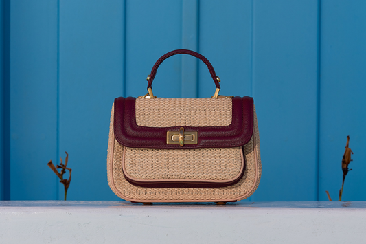 Bolsa Helena Mini Ráfia Natural c/ Bordô
