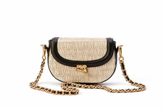 Bolsa Silvia Pochete Ráfia Natural Off White c/ Preto